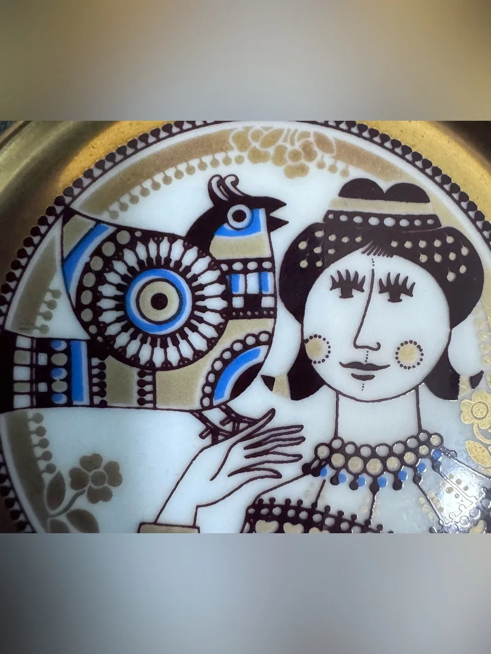 Decorative Trinket Plate with Blue and Gold Folk Art Portrait